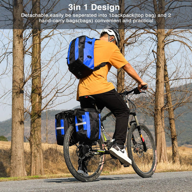 3-in-1 Fietstas - Fietstassen - Dubbele Fietstas - Multifunctioneel Bagagedragertas - Scheurvast - Grote Bagagetassen - met Regenhoes - 70L - Nylon - Blauw