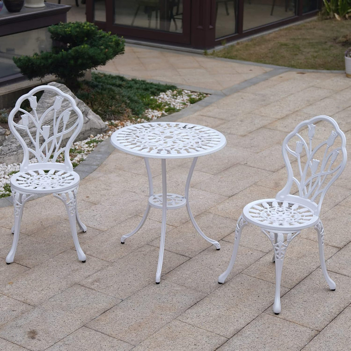 Garden Furniture Set, 3-Piece Aluminium Casting Tavern Set, White, 2 Chairs with Ornament Design and 1 Table, for Balcony and Patio (Tulip White) - QUORE