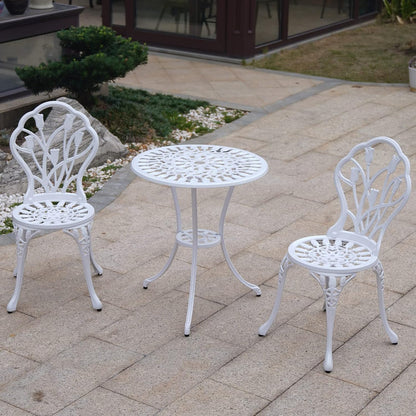 Garden Furniture Set, 3-Piece Aluminium Casting Tavern Set, White, 2 Chairs with Ornament Design and 1 Table, for Balcony and Patio (Tulip White) - QUORE