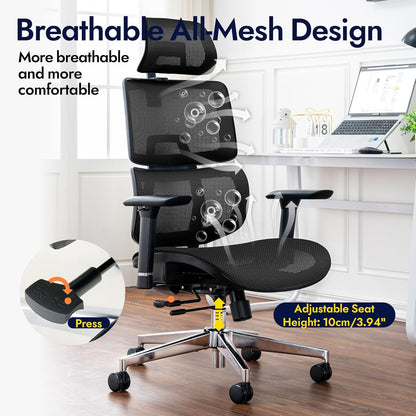 Ergonomic Office Chair, Fully Mesh Office Chair with Lumbar Support, Adjustable 3D Armrest, Headrest, Large and High Swivel Computer Chair (Effen - Black)