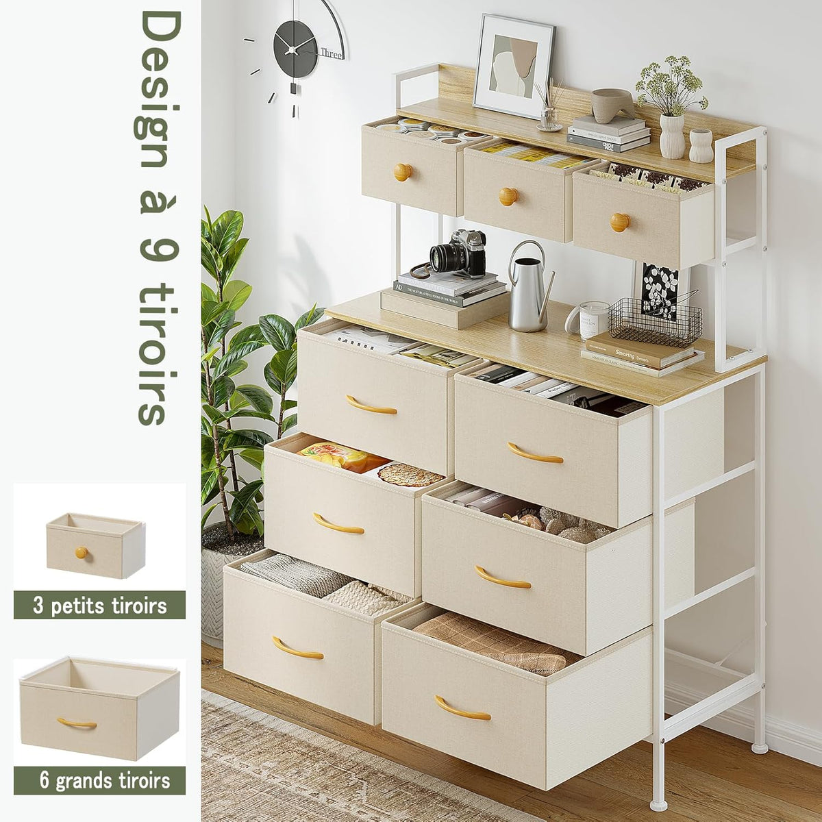 Commode, Opbergkast, Commode met Laden, Ladekast met Handvatten, Commode Kast met Houten Blad en 9 Lades, Kleerkast voor Slaapkamer, Beige