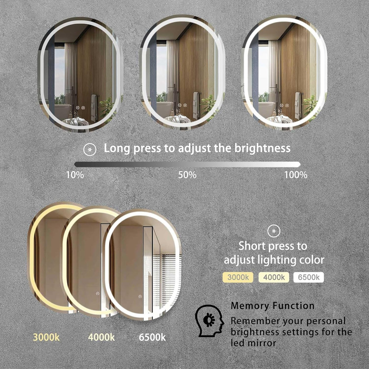 Sanitemodar LED Bathroom Mirror 60 x 80 cm, Oval Bathroom Mirror with Tricolor Light, Wall Mirror with Anti-Fog Touch Switch - QUORE