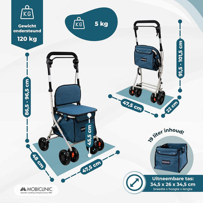 Mobiclinic®, Opvouwbare Rollator, Boodschappenkar met Zitting, Coliseum, Enkele Hendel, Staal, Grote Mand, Rugleuning en Vulling, Remsysteem, 360º Wielen
