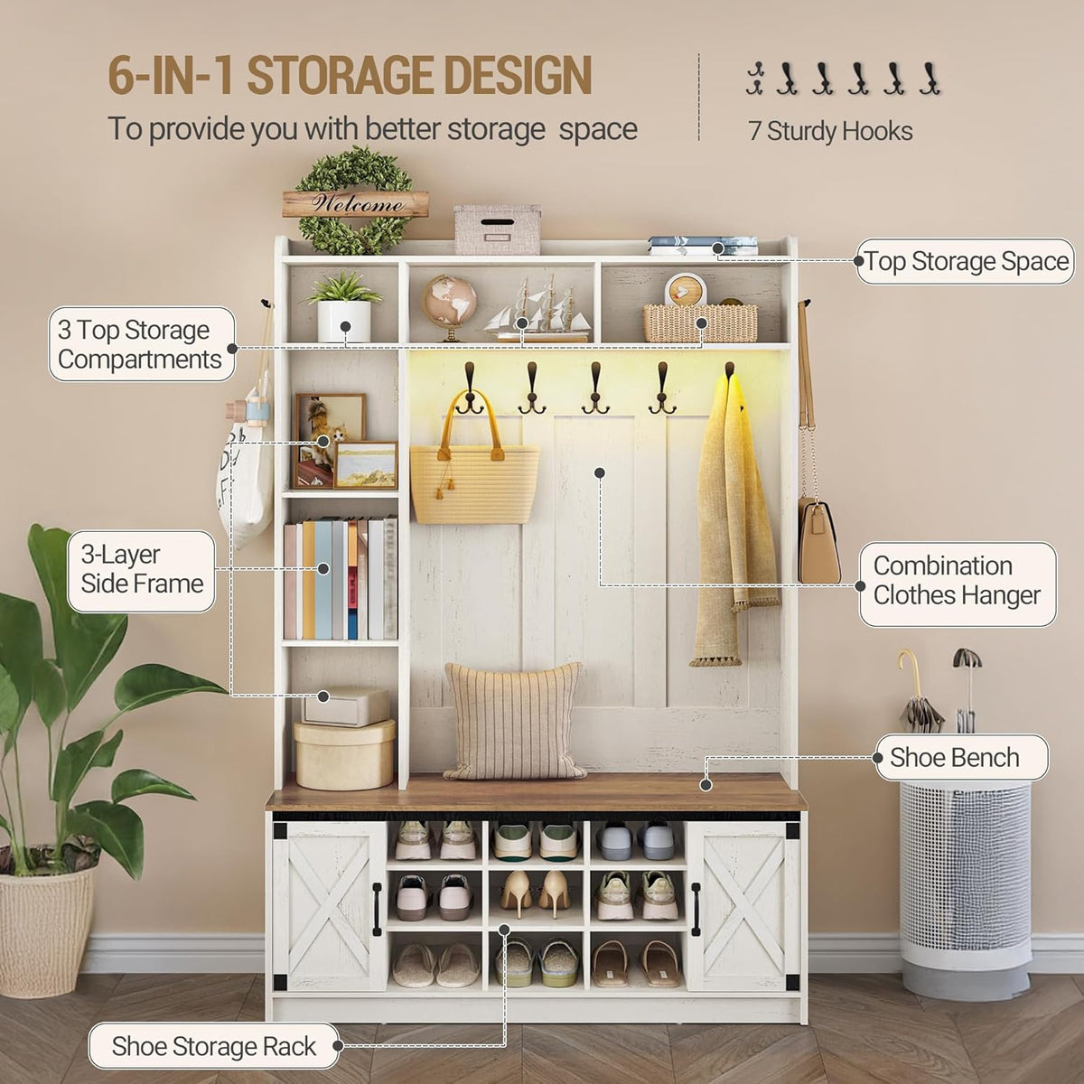 Hzuaneri Hallway tree, LED storage space and coat rack in wood, hall furniture with 7 hooks, hallway tree with bench and storage space, shoe bench with 6 storage compartments, rustic white HT24614XEU