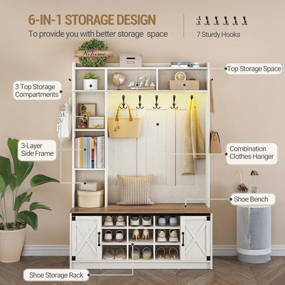 Hzuaneri Hallway tree, LED storage space and coat rack in wood, hall furniture with 7 hooks, hallway tree with bench and storage space, shoe bench with 6 storage compartments, rustic white HT24614XEU