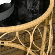 Tuintafel - Tuintafel Rond - Bijzettafeltje - Set van 2 - Rattenbijzettafel - Bistrotafel, Salontafel - met Glazen Tafelblad - Boho-Stijl - voor Terras - Tuin - Φ55 x 51 cm & Φ43 x 47 cm - Khaki/Zwart