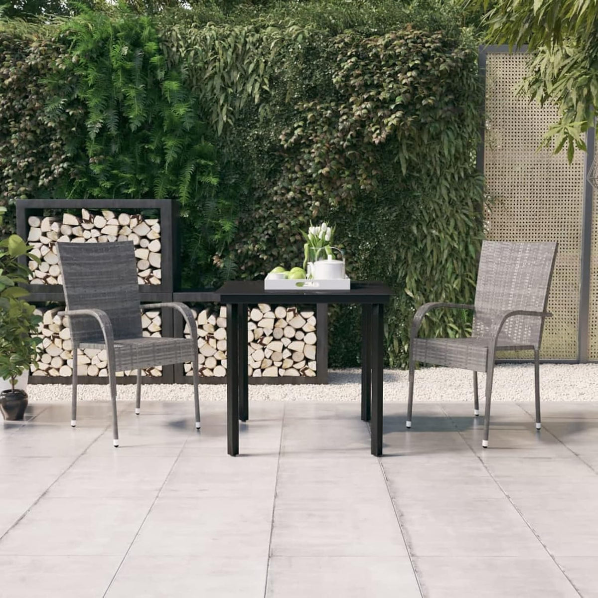 Eetkamerset voor de tuin, 3-delig, grijs en zwart, eetkamerset, eetkamer voor buiten, tuinmeubelen - QUORE