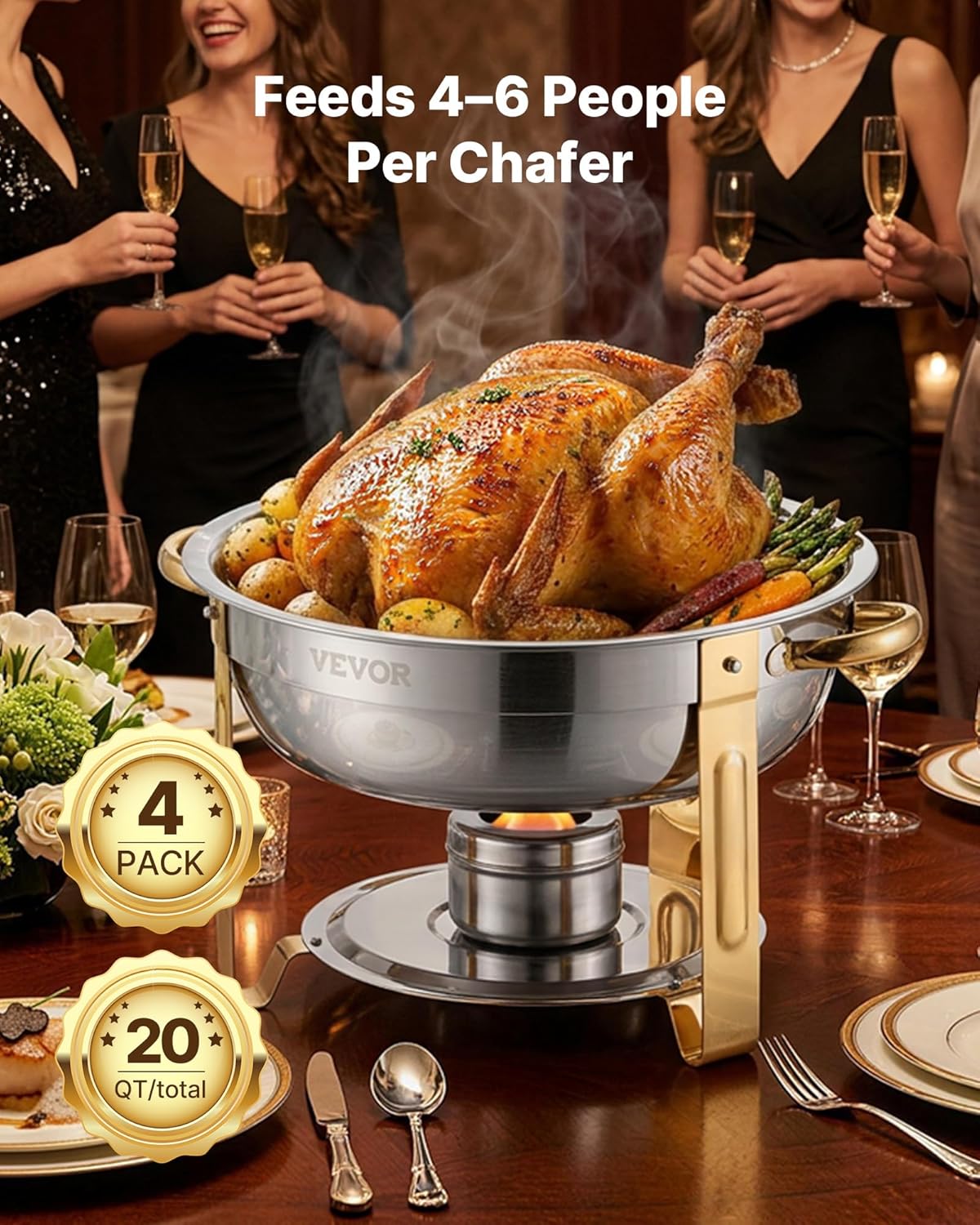 VEVOR Buffetwarmer met 4 containers in volledige grootte (elk 4,7 l), rond, voor catering, met deksel, waterschaal en opvouwbare standaard, voor bruiloften en feesten, goudkleurig