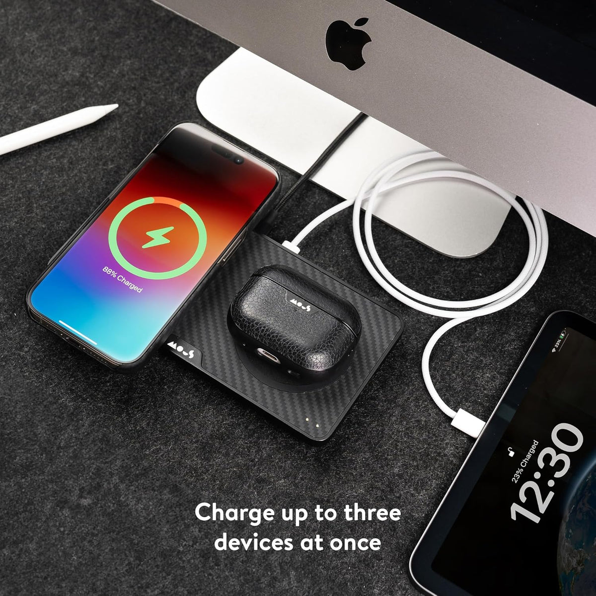 Mous - Dual Charging Station met Qi2 tot 15W snel opladen - MagSafe oplader compatibel met iPhone 16/15/14/13/12 serie en Airpods - USB-C kabel - Aramide Fibre