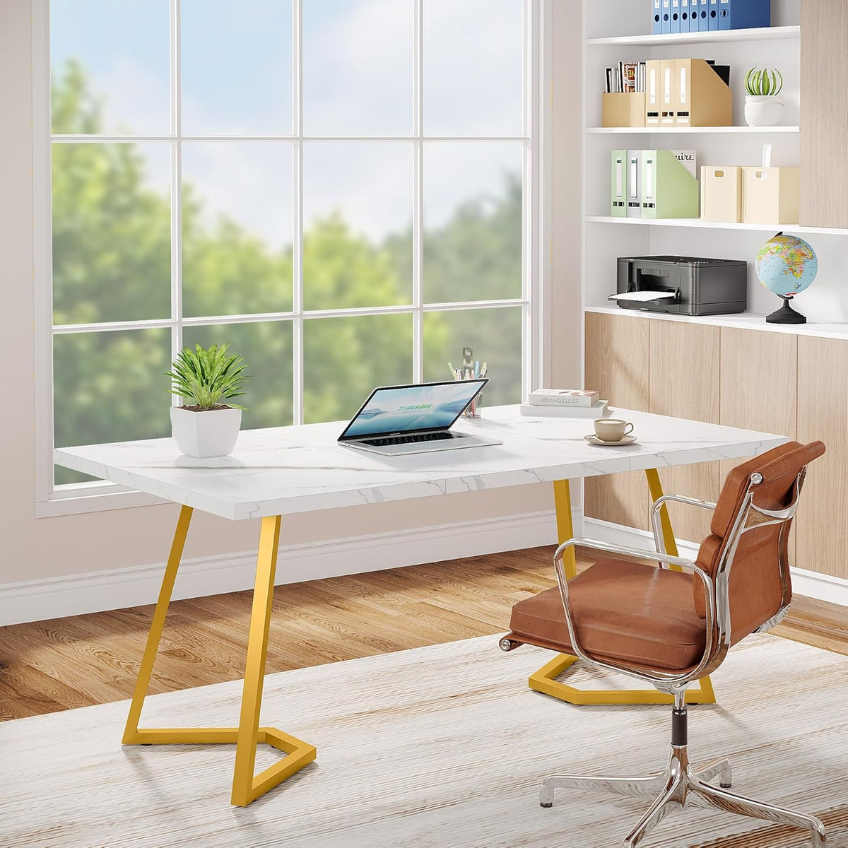Tribesigns Desk, Computer Table, 140 x 80 cm, PC Table, Work Table, Dining Table, Office Furniture, Computer Table, Conference Table for Home Office, Home, Desk, White and Gold