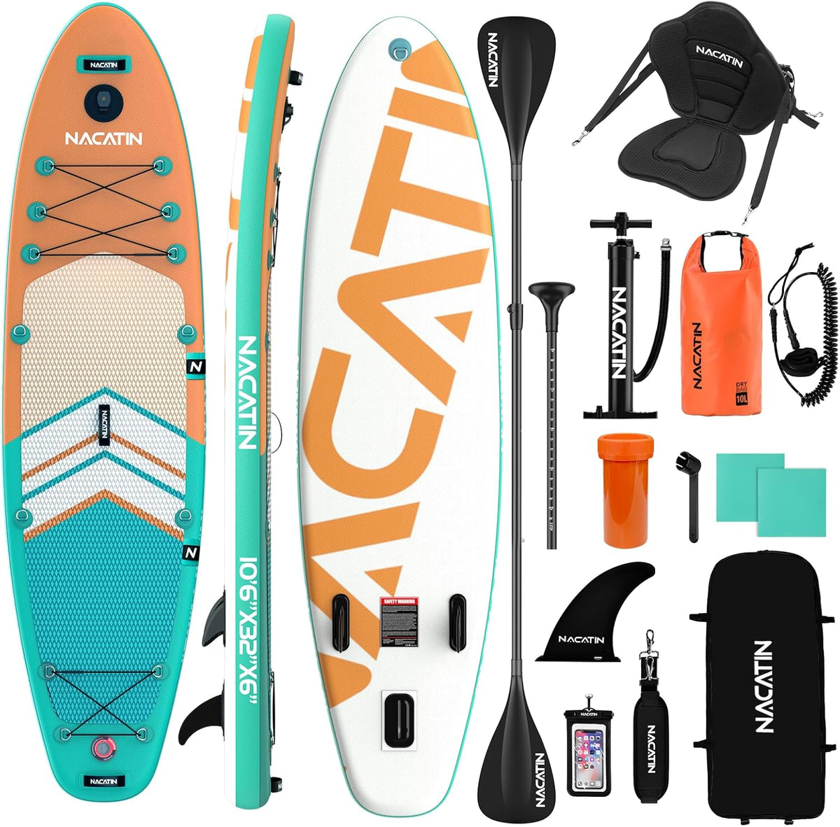 <font dir="auto" style="vertical-align: inherit;"><font dir="auto" style="vertical-align: inherit;">        NACATIN Inflatable stand-up paddle boards 10'6 inch with adjustable paddle, travel backpack, pump, waterproof bag 10L, leash, accessories included