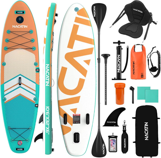 NACATIN Opblaasbare stand-up planken 10'6 inch peddel met verstelbare peddel reisrugzak, pomp, waterdichte tas 10 l, riem, accessoires inbegrepen