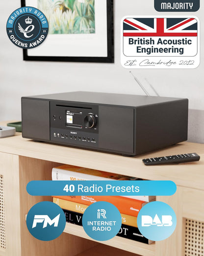 Internetradio met WLAN en CD-speler | Stereo-installatie met Bluetooth en DAB+ & FM radio | 120W 2.1 stereoluidspreker met ingebouwde subwoofer | Keukenradio met Spotify Connect & podcasts | Majority