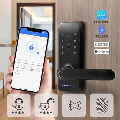 EURA ELH-01H4 Smart deurslot met handgreep, codeslot, 13,56 MHz nabijheidslezer, biometrische lezer, app TTLock/TTHotel, IP65, universele vergrendelafstand, zwart