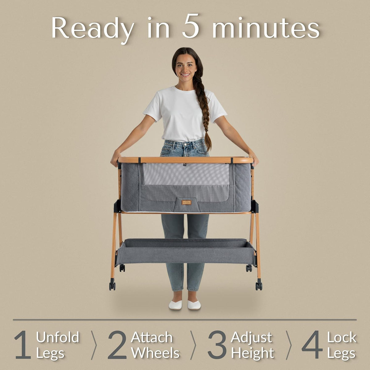 Love For Sleep SnooBee Next To Me Babybed & Babybed – 6 hoogtes, wielen, matras, zijpanelen van ademend mesh met muggennet (0-6 maanden) - grijs/grenen