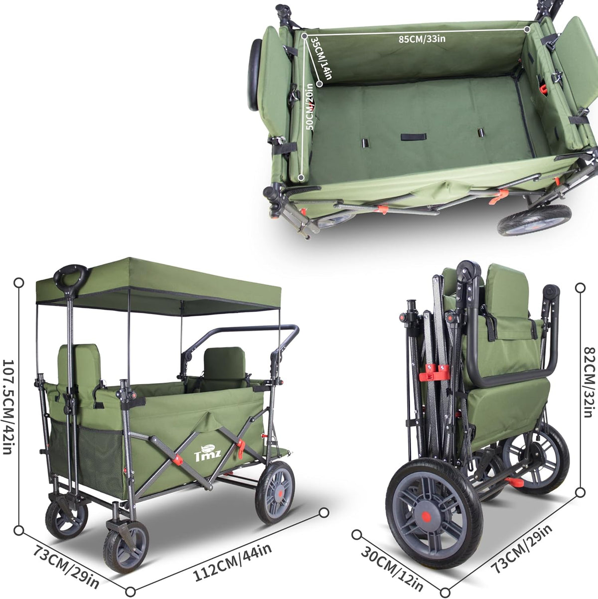 TMZ Opvouwbare bolderkar met 2 geïntegreerde klapstoelen, handwagen met remmen en dak, inklapbare transportwagen, draagvermogen 120 kg, voor alle terreinen, camping, strand, winkelen (groen)