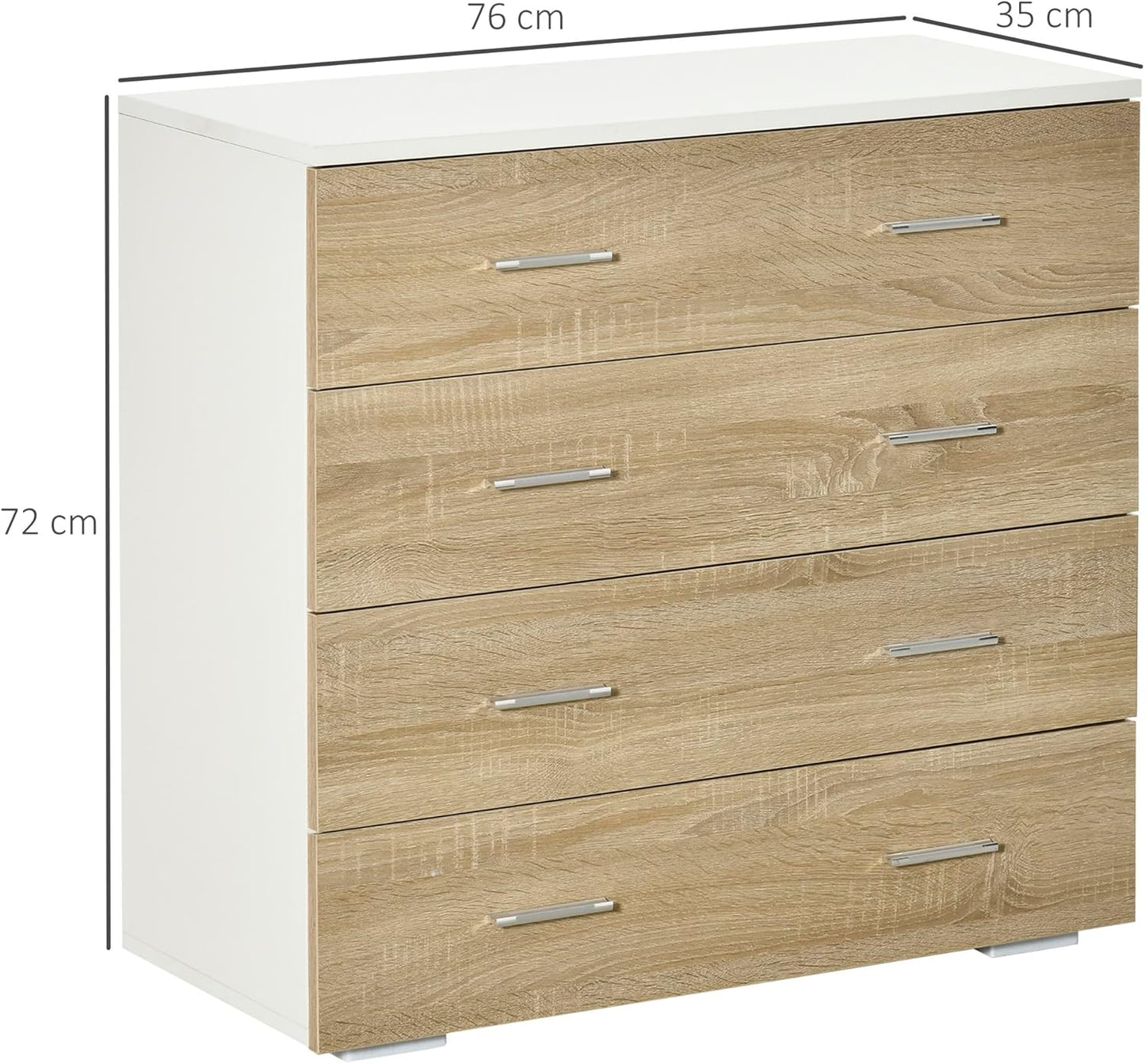 HOMCOM Chest of Drawers with 4 Drawers Bathroom Cabinet Chest of Drawers for Bedroom Living Room Oak White 76 x 35 x 72 cm - QUORE