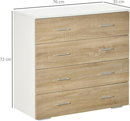 HOMCOM Chest of Drawers with 4 Drawers Bathroom Cabinet Chest of Drawers for Bedroom Living Room Oak White 76 x 35 x 72 cm - QUORE