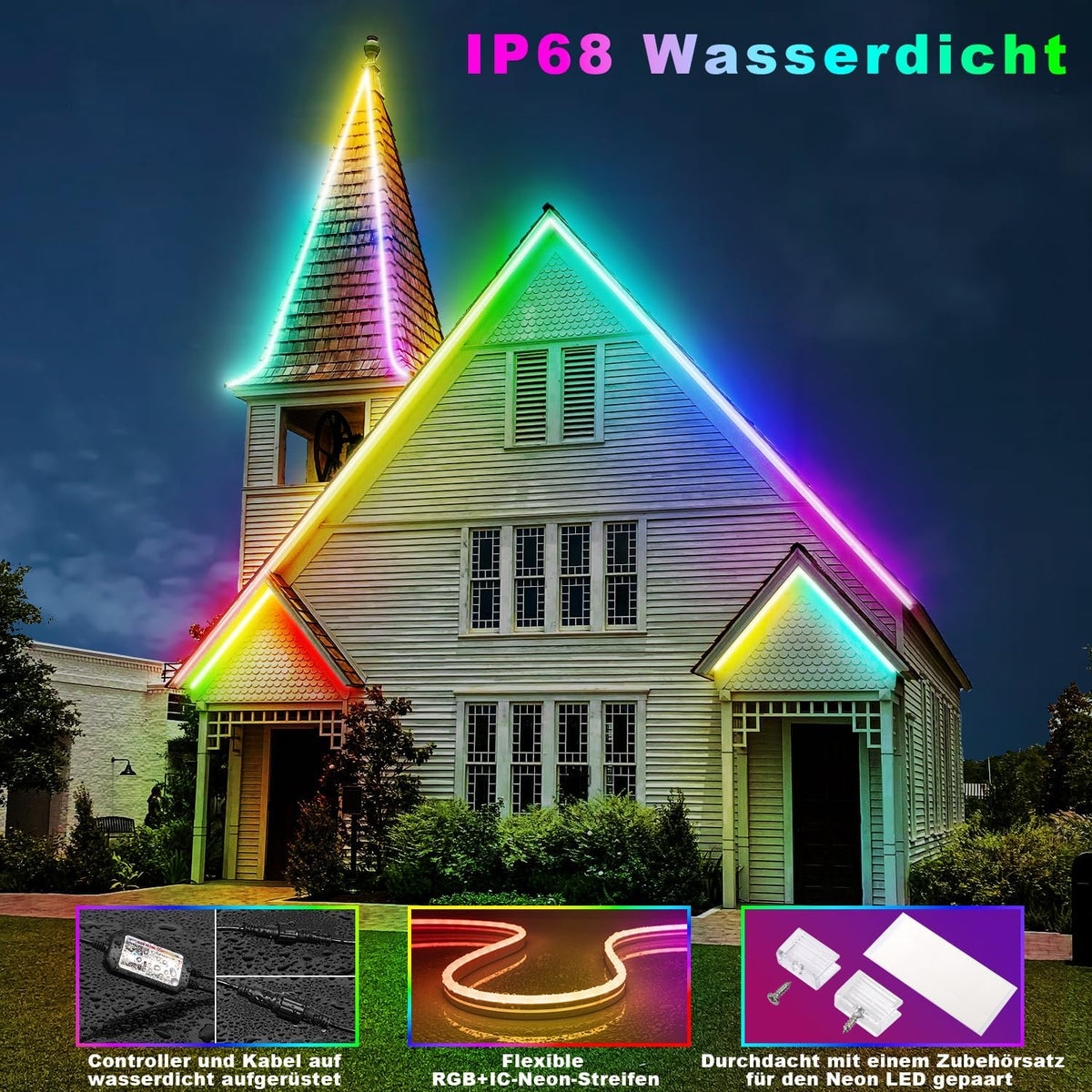 Lichaser RGB+IC Outdoor LED Neon Strip IP68 Waterproof Bluetooth Flexible with APP and 2.4G Remote Control 24V Silicone Light for Balcony Parties Festivals (15M*1)