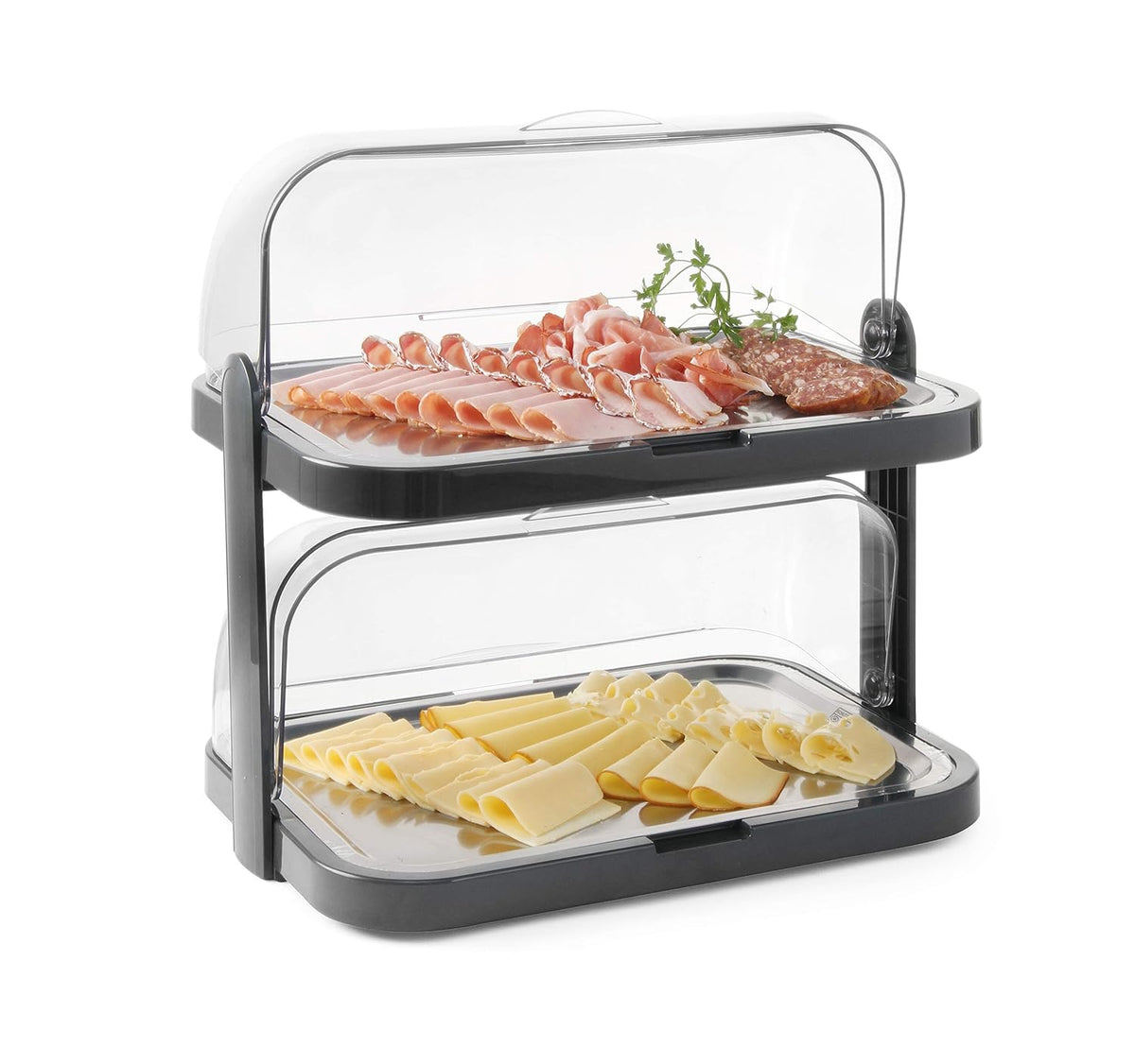 HENDI Buffet vitrine, dubbel, 9 delig, met 4 koelelementen, 2 trays, transparante roldeksels, gekoelde display, buffet display, presentatie display, 440x320x(H)440mm, polystyreen, roestvast staal
