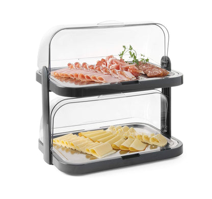 HENDI Buffet vitrine, dubbel, 9 delig, met 4 koelelementen, 2 trays, transparante roldeksels, gekoelde display, buffet display, presentatie display, 440x320x(H)440mm, polystyreen, roestvast staal