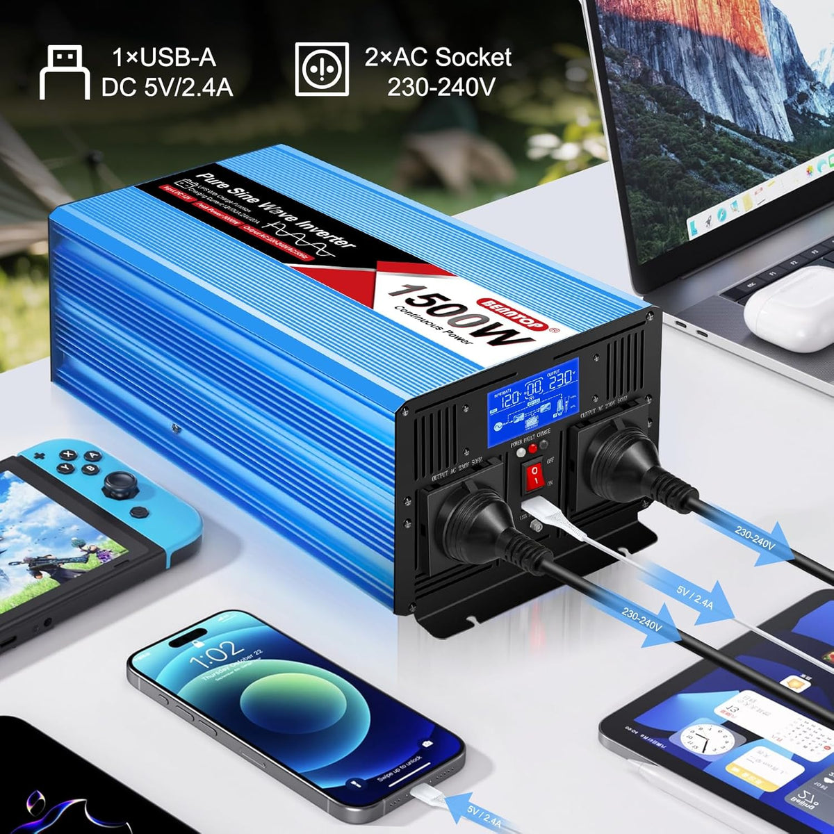 1500 W/3000 W spanningsomvormer 12 V naar 230 V zuivere sinus, auto-omvormer met 2 EU-stopcontacten, 1 USB-aansluiting, lcd-display, 30 A laadstroom, caravan, auto, stroomomvormer