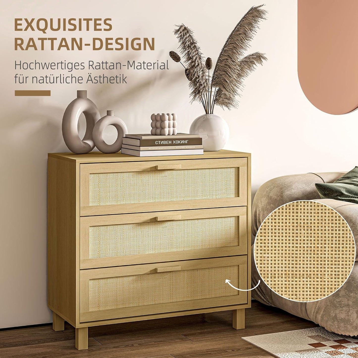 HOMCOM chest of drawers side cabinet with 3 drawers chest of drawers MDF natural 80 x 40 x 80 cm - QUORE