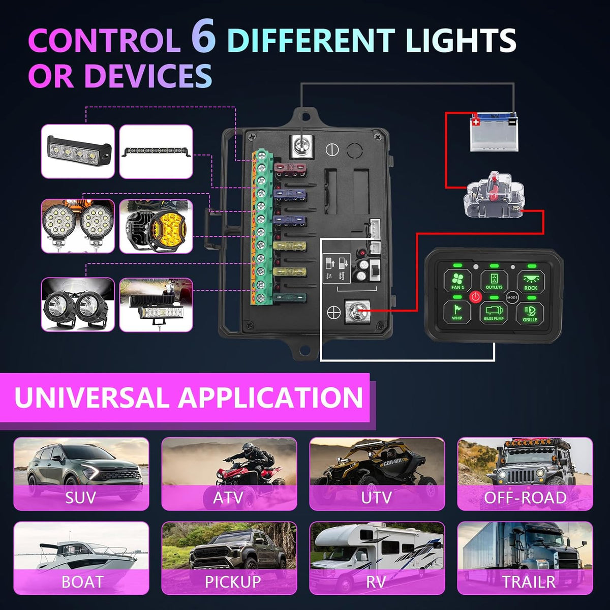 Chelhead 6 versnellingen bedieningspaneel 12 V Bluetooth, multifunctionele mariene afstandsbediening, IP65 waterdicht, relaissysteem, controlelampje, 60 A automatische dimbare lichtbalk