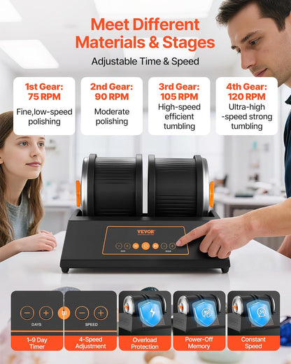 VEVOR Stenen Polijstvat 3,6 kg Capaciteit 4 Speed Stenen Polijstmachine 9 Dagen Timer Dubbele Vat met Adapter voor Pro's en Amateurs Werkplaats DIY
