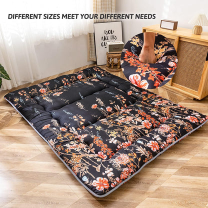 MAXYOYO Japanse vloermatras Futon-matras, dikker Tatami-mat slaapkussen opvouwbaar opklapmatras slaapzaal matraskussen vloer ligbed kussen bed (zwarte bloemen, enkel)