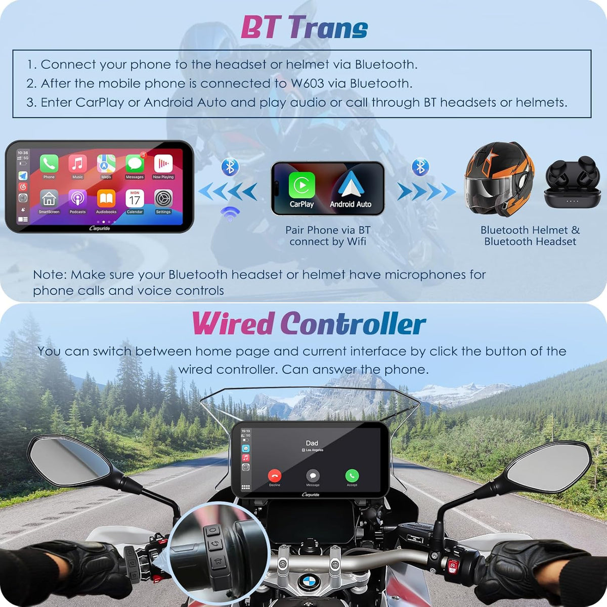 Carpuride W603B voor BMW R1200GS R1250GS S1000XR Motorfiets Carplay Scherm Waterdicht 6.3 Inch Touchscreen GPS Navigatie Carplay/Android Auto Draagbare voor Motorfiets