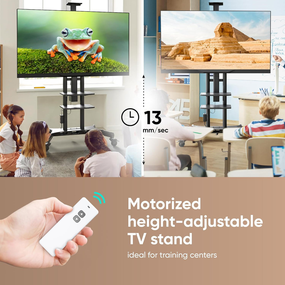 ONKRON Gemotoriseerde TV Beugel op Wielen voor 50" - 86" Scherm, Mobiele TV Standaard met TV Lift tot 90.9 kg - Vloerstandaard Televisie Lift Max VESA 800x500/TV Lift Elektrische Kast TS1881E-B Zwart