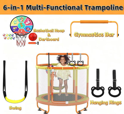 CZCPAPY Trampoline voor kinderen, outdoor trampoline voor binnen en buiten, met veiligheidsnet, mand, stangen, schommels, cadeau voor kinderen (geeloranje)