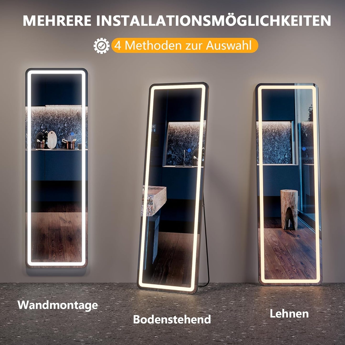 Staande Spiegel LED – Lange Spiegel – Grote Wandspiegel – Volledige Lengte Passpiegel – Vloerspiegel Vrijstaand – 160 x 50 cm – Dimbare 3-kleur LED Verlichting – Robuust Aluminium Frame