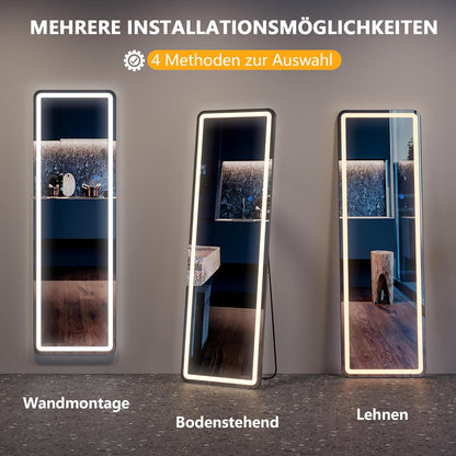Staande Spiegel LED – Lange Spiegel – Grote Wandspiegel – Volledige Lengte Passpiegel – Vloerspiegel Vrijstaand – 160 x 50 cm – Dimbare 3-kleur LED Verlichting – Robuust Aluminium Frame