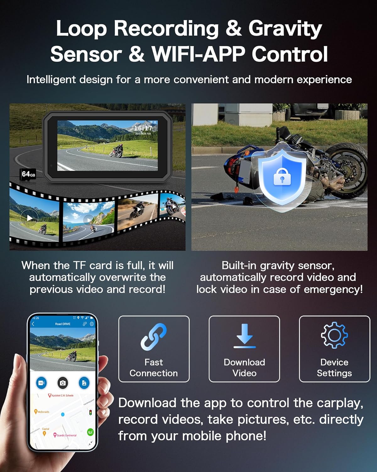 4K Dashcam Motorfiets CarPlay Android Auto 6.25 Inch Motorfiets Navigatie apparaten IP67 Waterdichte GPS-navigatie-apparaten voor motorfietsen, Dual Bluetooth, Siri/Google Assistant 64GB winkelwagen