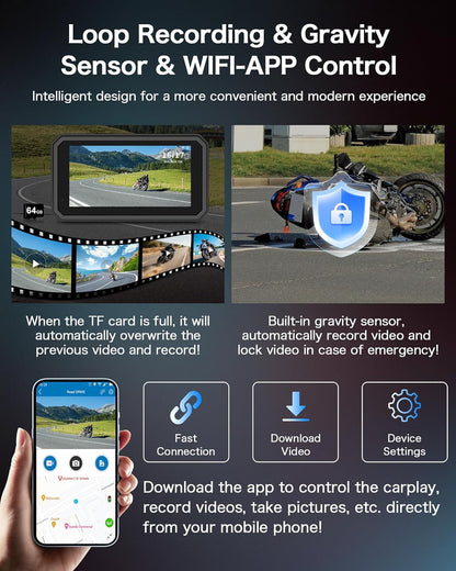 4K Dashcam Motorfiets CarPlay Android Auto 6.25 Inch Motorfiets Navigatie apparaten IP67 Waterdichte GPS-navigatie-apparaten voor motorfietsen, Dual Bluetooth, Siri/Google Assistant 64GB winkelwagen