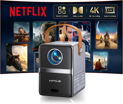 Netflix Official Mini-beamer, 4K [Dolby Audio], smart beamer, klein, met WiFi6, 2-weg bluetooth, Full HD, 1080P, elektrische focus, auto, verticale trapeziumcorrectie, korte afstand, projector