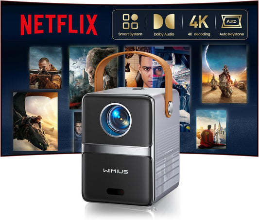 Netflix Official Mini-beamer, 4K [Dolby Audio], smart beamer, klein, met WiFi6, 2-weg bluetooth, Full HD, 1080P, elektrische focus, auto, verticale trapeziumcorrectie, korte afstand, projector