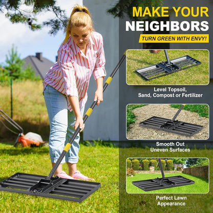 Gazonhark - Nivelleringshark - Gazonplanner - Rakel - met 5ft - Handgreep - 66 x 25 cm - Robuuste Bodemplaat - Gazonschuiver - voor Tuin - Golf - Gazon - Achtertuin - Zwart