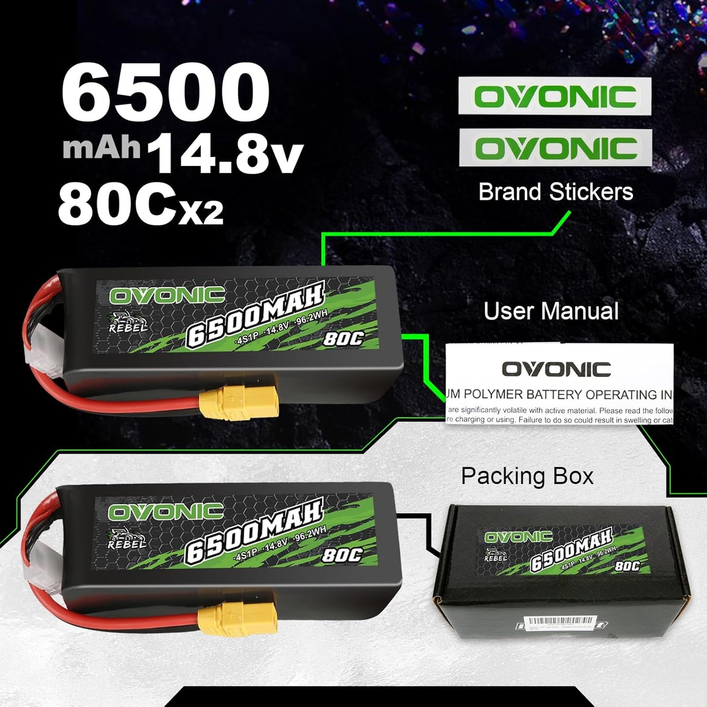 OVONIC 4S Lipo-accu 6500mAh 80C 14.8V met XT90 stekker voor RC Auto RC Truggy Buggy RC Hobby (2 stuks)