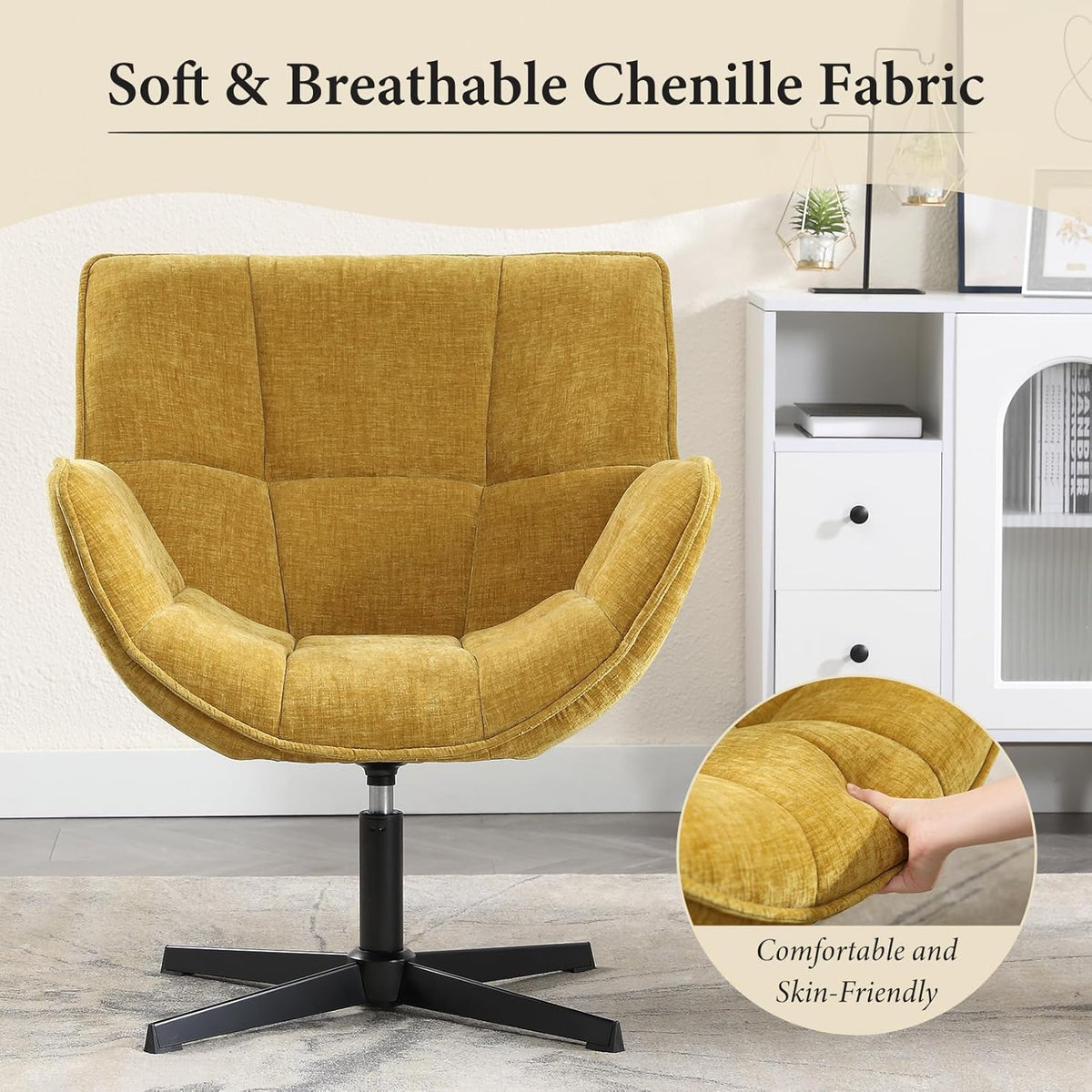 Draaifauteuil – Fauteuil – Lounge Stoel – Accentstoel – Zithoek Stoel – Gele Chenille Bekleding – 360° Draaifunctie – Compact Formaat