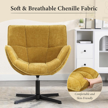 Draaifauteuil – Fauteuil – Lounge Stoel – Accentstoel – Zithoek Stoel – Gele Chenille Bekleding – 360° Draaifunctie – Compact Formaat