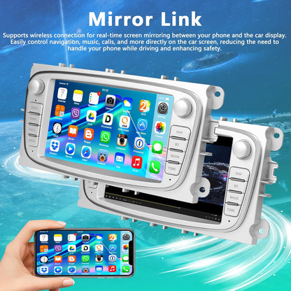 4 + 64G Motorsi autoradio voor Ford Focus II/S-Max met Carplay Android Auto aangedreven door Qualcomm-processor, 7 inch touchscreen Bluetooth/WiFi/EQ/FM/RDS/GPS Navigatie/SWC/Canbus/Split Screen +