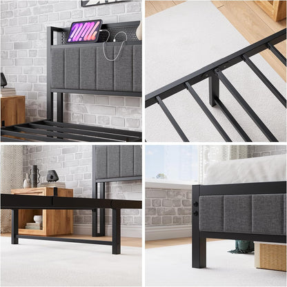 Bedframe met laadstation, eenpersoonsbed, metalen bed, gestoffeerd bed, 90 x 200 cm, bedframe van metaal, jeugdbed met lattenbodem, hoofdeinde in grijs, voor slaapkamer en logeerkamer