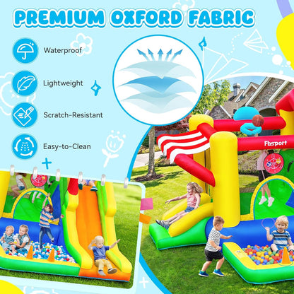 FBSPORT Opblaasbaar slot voor kinderen met dubbele glijbaan, trampoline, ballenbad, balwerper, klimwand en basketbalmand, voor binnen en buiten, 322 x 305 x 208 cm