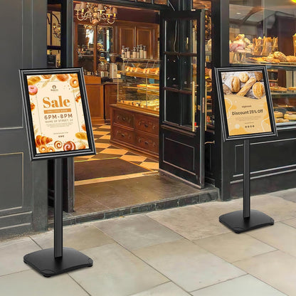 Schildstandaard Display – Posterstandaard, Infostandaard, Presentatiestandaard, Menuhouder – A3, Zwart, Set van 3 – Zware 2,6 kg Metalen Voet – 360° Draaibaar en 180° Kantelbaar