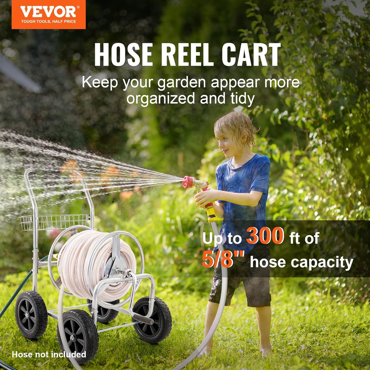 VEVOR Slanghaspelwagen, geschikt voor maximaal 90 m 5/8 inch slang, tuinwaterslangwagens, mobiel gereedschap met 4 wielen, zwaar gepoedercoat staal, buitenbeplanting met opbergmand, voor tuin, tuin,