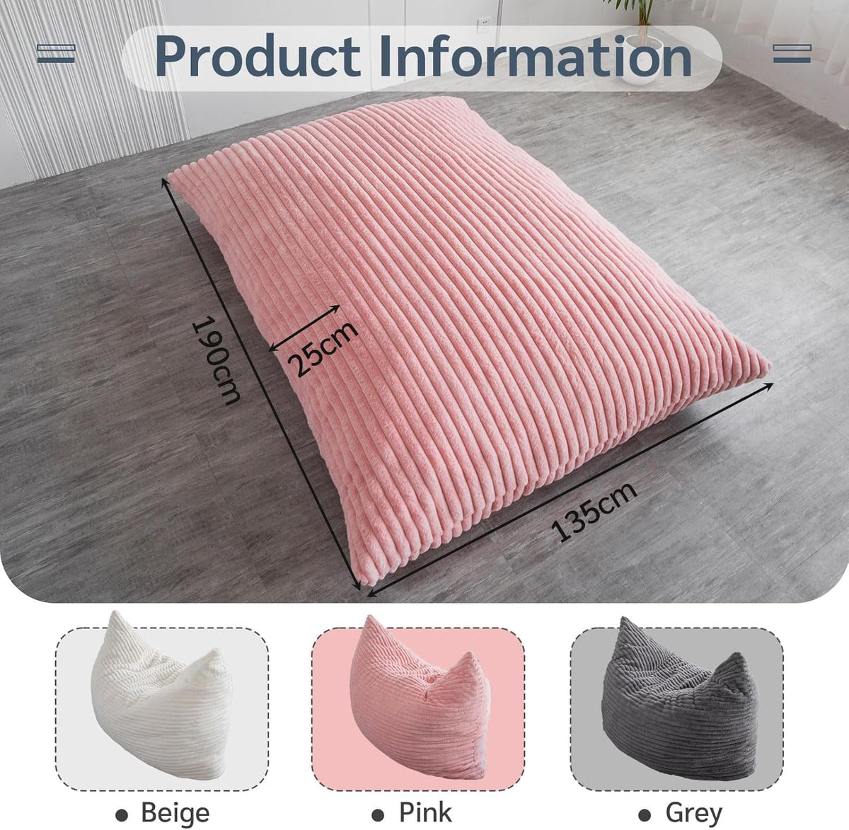 MAXYOYO Huge Bean Bag Bed, Square Bean Bag Chair, Large Faux Fur Sofa and Fluffy Filling for Adults Couples Guests (Corduroy Pink, 135x190cm)