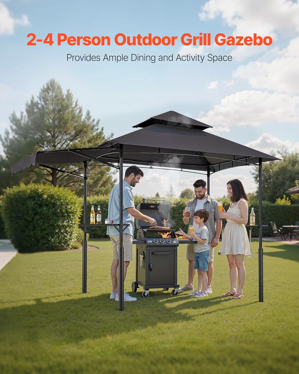 VEVOR Grillpaviljoen, 2,4 x 1,5 m dubbel gelaagd bovenblad, versterkt barbecue-paviljoen met extra luifel, gepoedercoat stalen terrasgrillonderdak met 2 zijplanken en haken, buitengrillluifel voor